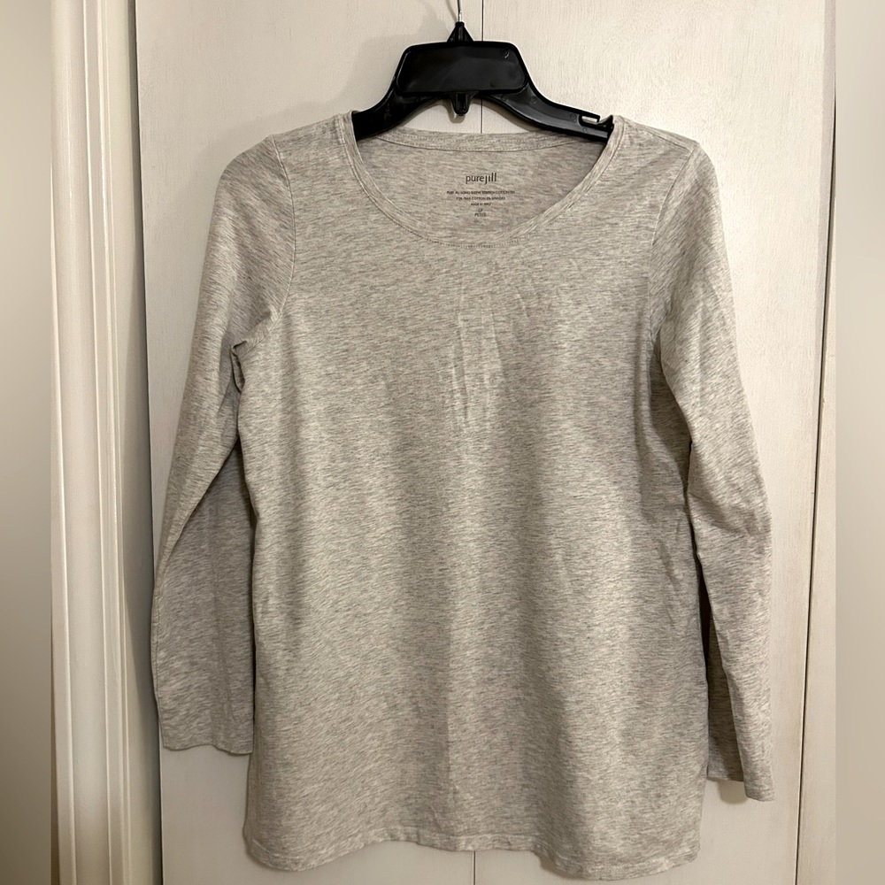 Pure jill long sleeve stretch cotton tee light gray size sp petite